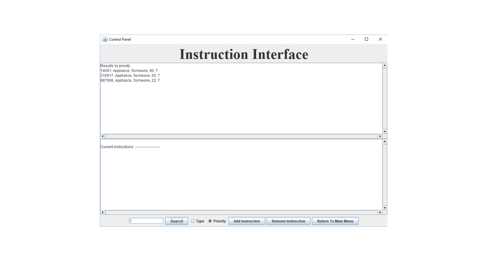 Control Function Instruction Interface GUI Search By Priority