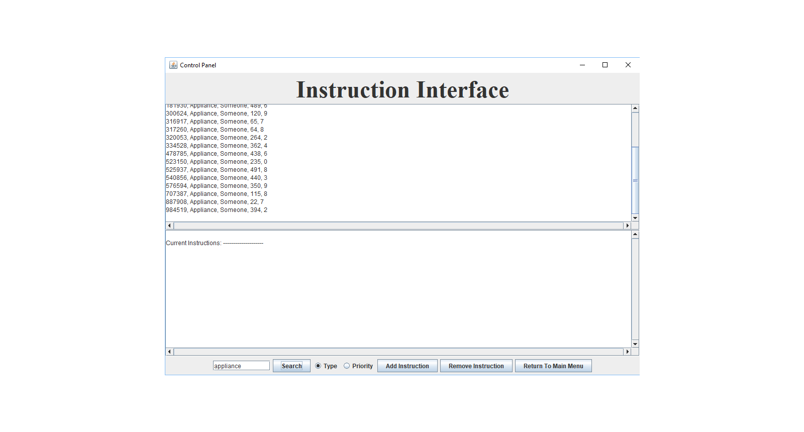 Control Function Instruction Interface GUI Search By Type