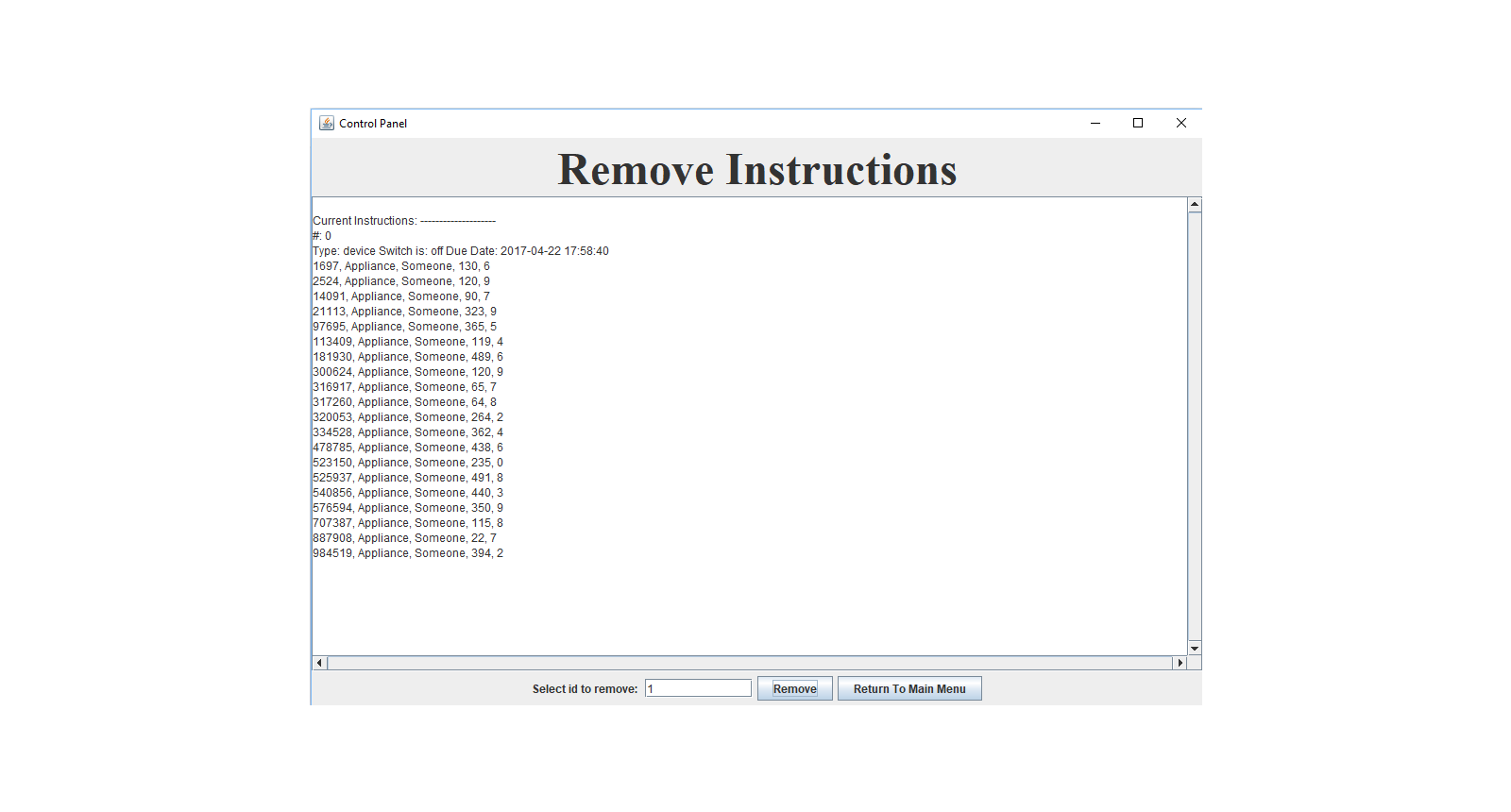 Control Function Remove Instructions GUI Remove By ID